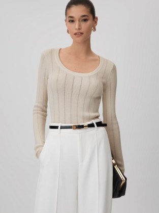 REISS SIERRA KNITTED SCOOP NECK TOP CREAM ~ women’s chic wardrobe essentials ~ womens fitted long sleeve pointelle knit tops - flipped