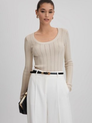 REISS SIERRA KNITTED SCOOP NECK TOP CREAM ~ women’s chic wardrobe essentials ~ womens fitted long sleeve pointelle knit tops