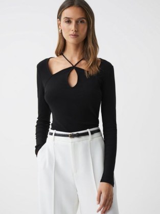 REISS SYLVIE JERSEY CUT-OUT STRAPPY TOP in BLACK – long sleeve fitted cutout tops - flipped