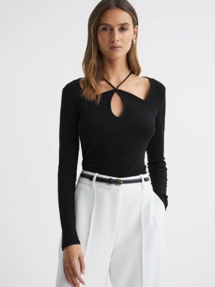 REISS SYLVIE JERSEY CUT-OUT STRAPPY TOP in BLACK – long sleeve fitted cutout tops