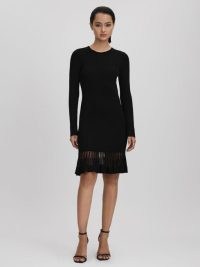 REISS TEAGAN KNITTED SHEER FLARED MINI DRESS BLACK ~ chic LBD ~ women’s evening occasion clothes