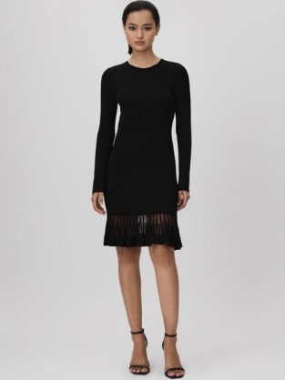 REISS TEAGAN KNITTED SHEER FLARED MINI DRESS BLACK ~ chic LBD ~ women’s evening occasion clothes - flipped