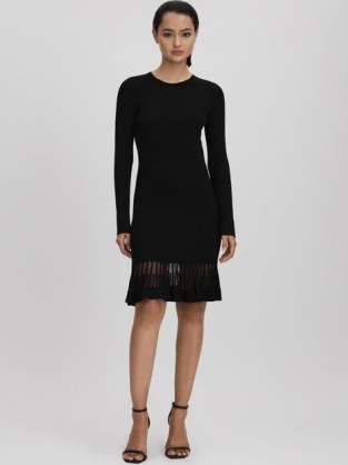 REISS TEAGAN KNITTED SHEER FLARED MINI DRESS BLACK ~ chic LBD ~ women’s evening occasion clothes