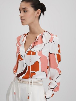 REISS TESS PRINTED TIE NECK BLOUSE CREAM/RED ~ red, cream and pink abstract floral print blouses