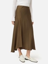 JIGSAW Satin Bias Asymmetric Skirt in Dark Khaki ~ silky fluid slip skirts