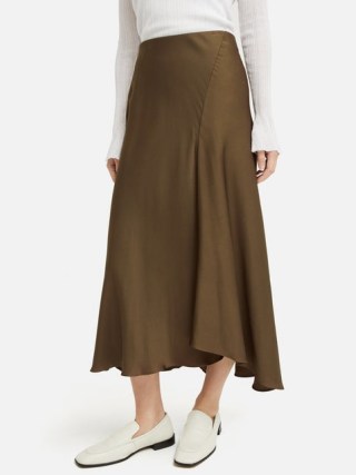JIGSAW Satin Bias Asymmetric Skirt in Dark Khaki ~ silky fluid slip skirts - flipped