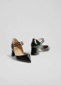 L.K. BENNETT Savannah Black Patent Mary Janes – double strap Mary Jane pumps – glossy leather block heel pointed toe shoes