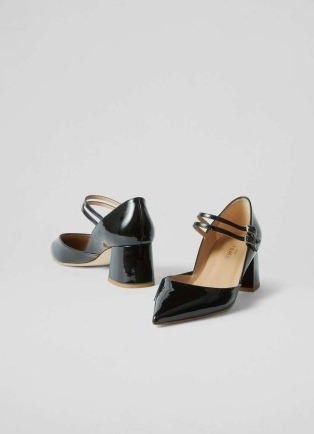 L.K. BENNETT Savannah Black Patent Mary Janes – double strap Mary Jane pumps – glossy leather block heel pointed toe shoes - flipped