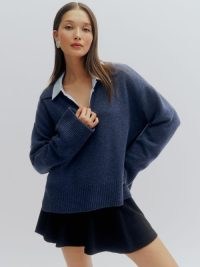 Reformation Sawyer Oversized Cashmere Polo in Danube – women’s luxe blue relaxed fit jumper – womens luxury knitwear