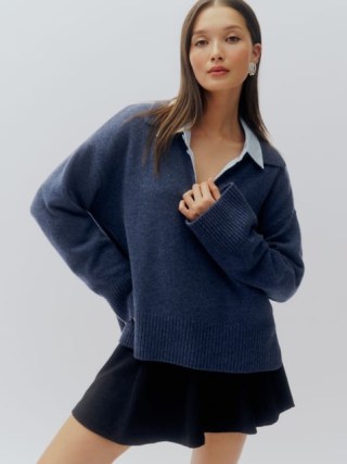 Reformation Sawyer Oversized Cashmere Polo in Danube – women’s luxe blue relaxed fit jumper – womens luxury knitwear - flipped