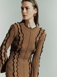 JIGSAW Scallop Trim Knitted Dress in Brown ~ long sleeve ruffled dresses