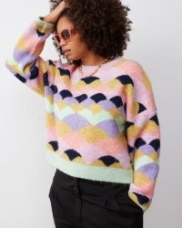 OLIVER BONAS Scalloped Pattern Knitted Jumper ~ womens pink multi patterned sweater