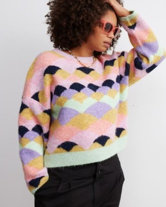 OLIVER BONAS Scalloped Pattern Knitted Jumper ~ womens pink multi patterned sweater - flipped