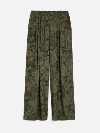 JIGSAW Shadow Floral Jacquard Palazzo Pants in Green ~ women’s front pleated wide leg trousers - flipped