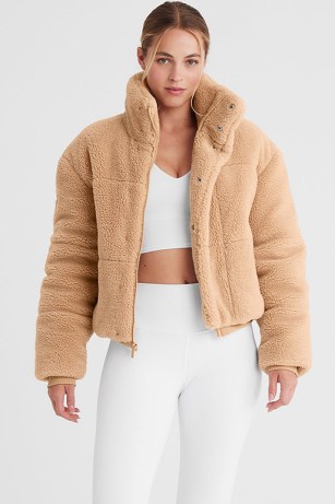 alo yoga SHERPA SNOW ANGEL PUFFER in CAMEL – womens light brown textured zip up jackets – women’s faux shearling outerwear - flipped