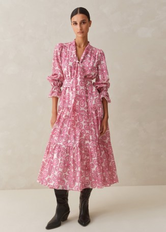 ME and EM Silk Cotton Flower Print Midi Dress + Belt in Pink / Soft White ~ floral balloon sleeve tiered hem dresses ~ feminine fashion - flipped