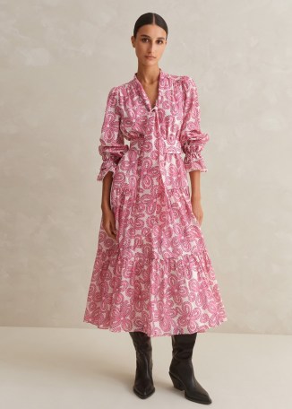 ME and EM Silk Cotton Flower Print Midi Dress + Belt in Pink / Soft White ~ floral balloon sleeve tiered hem dresses ~ feminine fashion