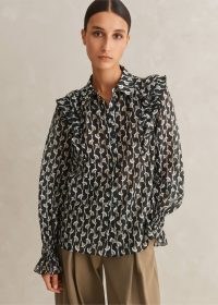 ME and EM Silk Cotton Ginko Leaf Print Blouse Cream/Black/Brown ~ women’s romantic ruffled blouses ~ feminine collared tops
