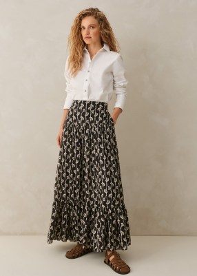 Me and EM Silk Cotton Ginko Leaf Print Skirt + Belt in Cream / Black / Brown – tiered hem maxi skirts - flipped