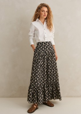 Me and EM Silk Cotton Ginko Leaf Print Skirt + Belt in Cream / Black / Brown – tiered hem maxi skirts