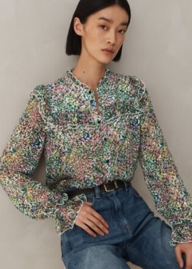 ME and EM Silk-Blend Devoré Confetti Print Blouse Cream/Pink/Multi ~ multicoloured frill detail blouses - flipped