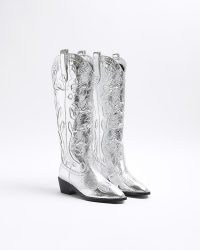 RIVER ISLAND Silver Western High Boots ~ women’s metallic cowboy footwear