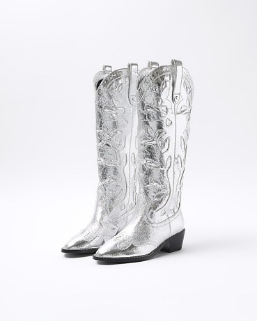RIVER ISLAND Silver Western High Boots ~ women’s metallic cowboy footwear - flipped