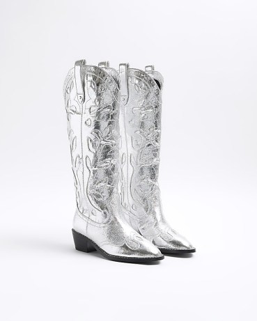 RIVER ISLAND Silver Western High Boots ~ women’s metallic cowboy footwear
