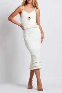 PATBO Sleeveless Lace Midi Dress in Ivory – strappy cut out pencil dresses – occasion fashion