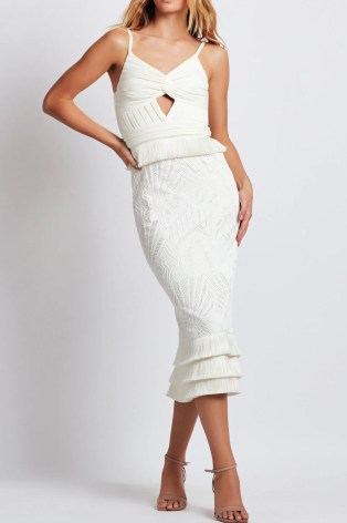 PATBO Sleeveless Lace Midi Dress in Ivory – strappy cut out pencil dresses – occasion fashion