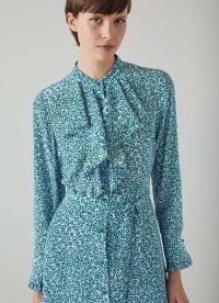 L.K. BENNETT Soni Blue and Green Heart Print Silk Dress – women’s front ruffled tie waist dresses