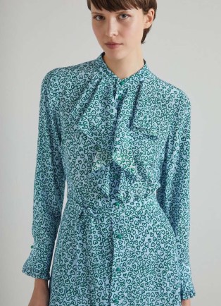 L.K. BENNETT Soni Blue and Green Heart Print Silk Dress – women’s front ruffled tie waist dresses - flipped