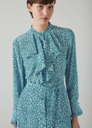 L.K. BENNETT Soni Blue and Green Heart Print Silk Dress – women’s front ruffled tie waist dresses