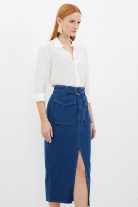 KAREN MILLEN Stretch Woven Denim Midi Skirt – women’s blue pocket detail pencil skirts – front slit hemline - flipped