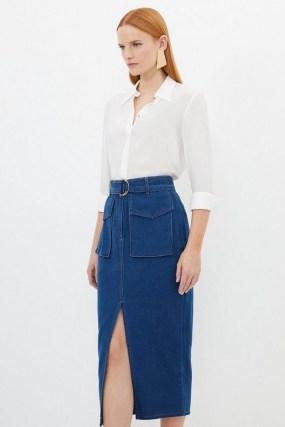 KAREN MILLEN Stretch Woven Denim Midi Skirt – women’s blue pocket detail pencil skirts – front slit hemline