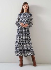 L.K. BENNETT Susie Navy And Cream Graphic Spot Maxi Dress / long sleeve floaty hem dresses