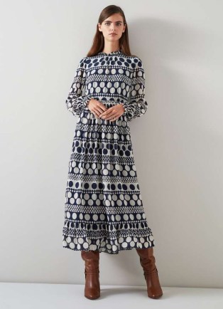 L.K. BENNETT Susie Navy And Cream Graphic Spot Maxi Dress / long sleeve floaty hem dresses