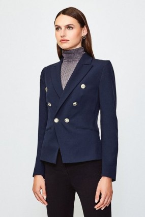 KAREN MILLEN Tailored Button Military Blazer in Navy – women’s dark blue blazers – womens structured jackets - flipped