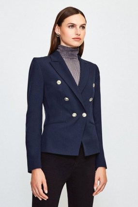 KAREN MILLEN Tailored Button Military Blazer in Navy – women’s dark blue blazers – womens structured jackets