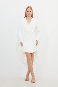 Karen Millen Tailored Polished Viscose Tuxedo Blazer Cape Dress in Ivory – women’s occasion clothing with capes