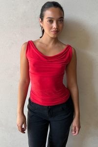 peachy den The Kylie Top in Tomato – red sleeveless draped cowl neck tops