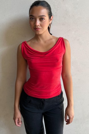peachy den The Kylie Top in Tomato – red sleeveless draped cowl neck tops - flipped