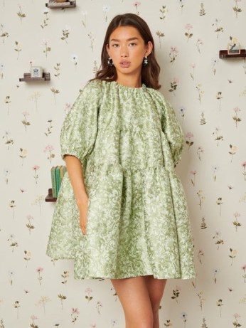 sister jane DELIGHTFUL THINGS Thimble Jacquard Mini Dress in Laurel Green ~ women’s voluminous party fashion ~ womens oversized occasion dresses - flipped