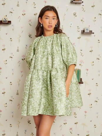 sister jane DELIGHTFUL THINGS Thimble Jacquard Mini Dress in Laurel Green ~ women’s voluminous party fashion ~ womens oversized occasion dresses
