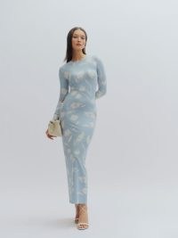 Reformation Tommie Knit Dress in Clarity – light blue long sleeve fitted column dresses – beautiful floral evening fashion