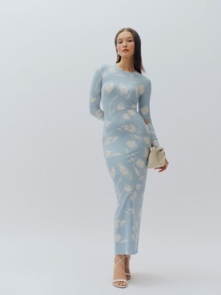 Reformation Tommie Knit Dress in Clarity – light blue long sleeve fitted column dresses – beautiful floral evening fashion - flipped
