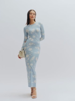 Reformation Tommie Knit Dress in Clarity – light blue long sleeve fitted column dresses – beautiful floral evening fashion