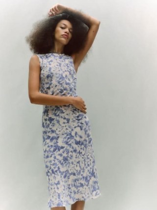 Reformation Topanga Dress in Larkspur – sleeveless blue and white floral print boatneck dresses