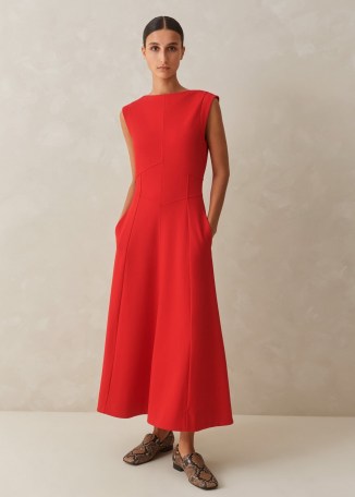 ME and EM Travel Tailoring Boat Neck Midi Dress in Tulip Red ~ bright sleeveless fit and flare dresses - flipped