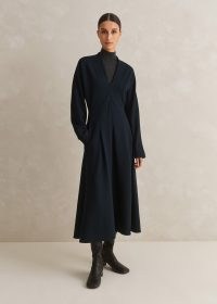 ME and EM Travel Tailoring Fit and Flare Midi Dress in Navy – dark blue long sleeve V-neck dresses – womens chic minimalist clothing